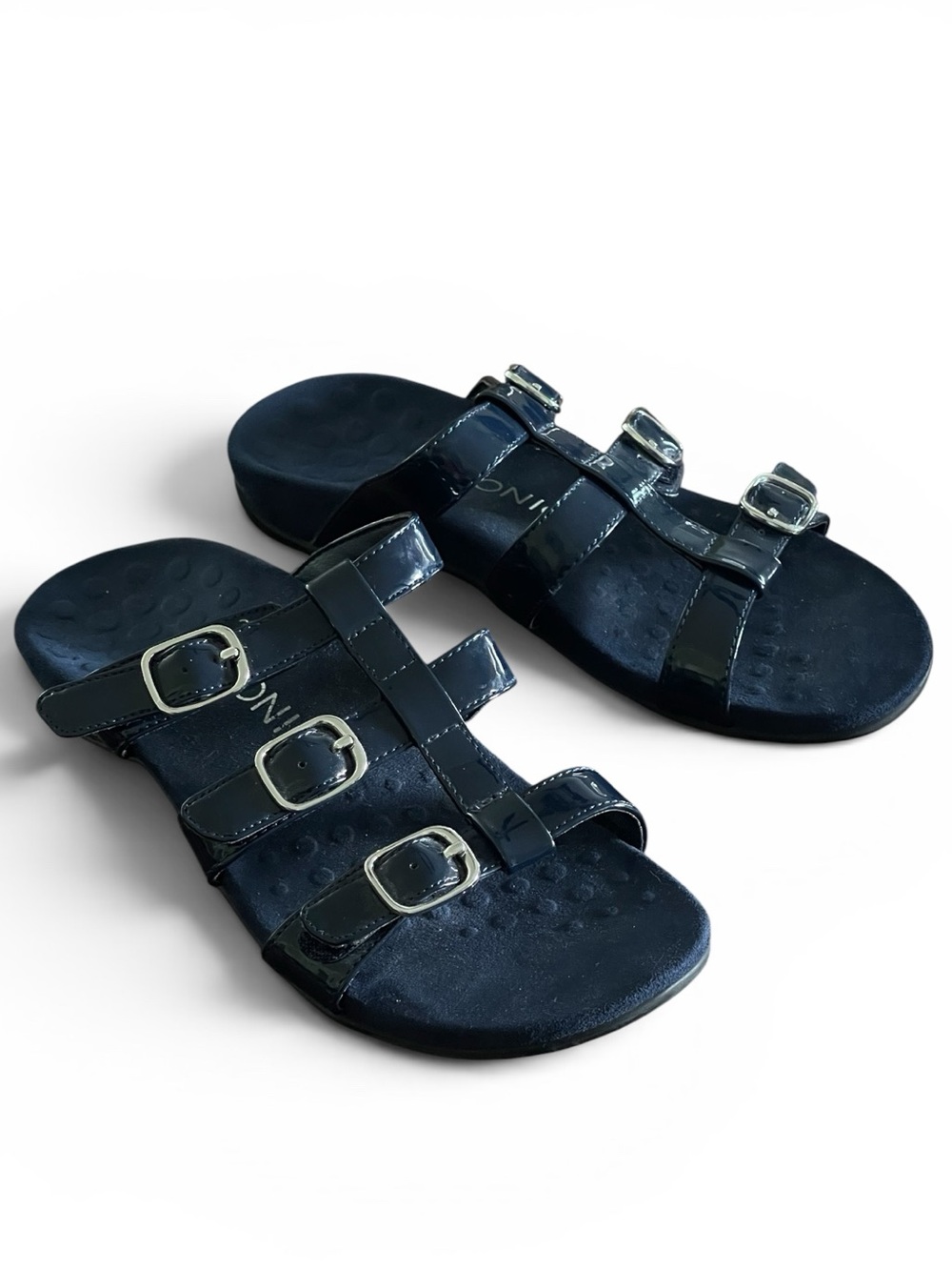 Vionic Misa Navy Patent Leather Triple-Buckle Slide Sandals Sz 6 Comfort Walking